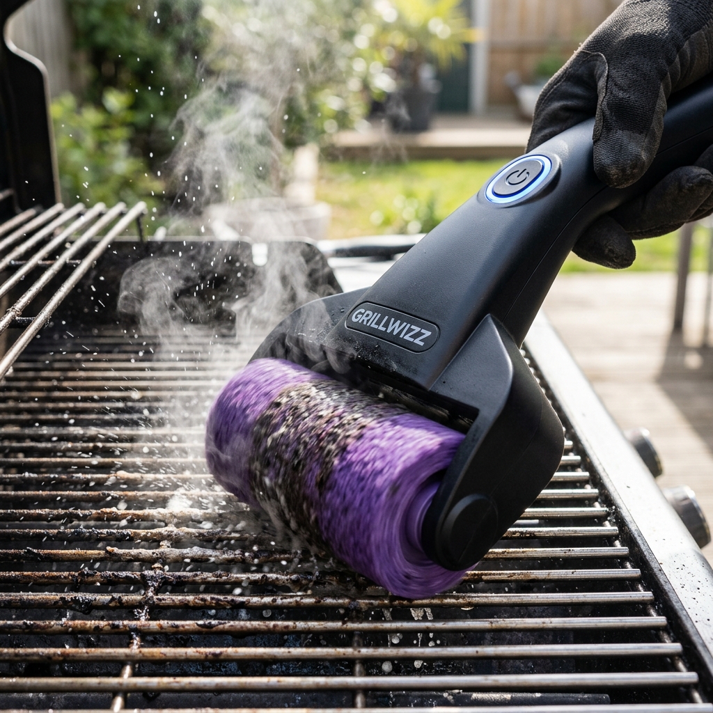 GrillWizz powered cleaning action in use