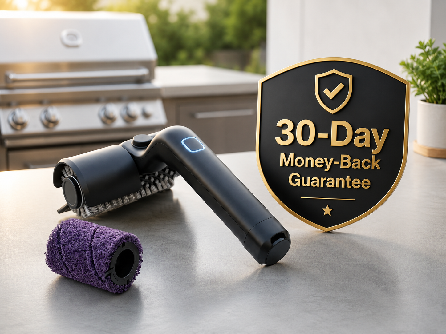 GrillWizz 30-day money-back guarantee badge with electric grill cleaner