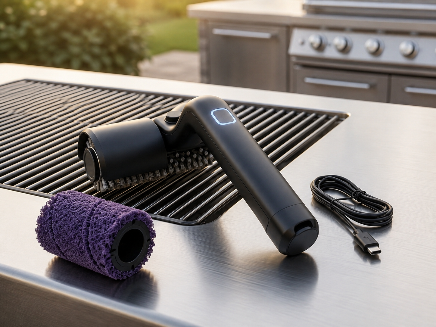 GrillWizz electric grill cleaner with USB-C charging cable and grill grate